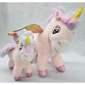 Pink Whimsical Unicorn Plush Mom & Baby with Rainbow Sparkle Wings